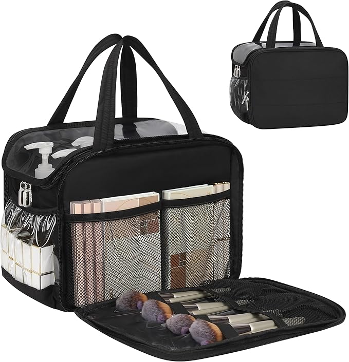 Travel Toiletry Bag for Women - Large Wide-open Makeup Bag with Compartments, Lightweight Cosmetic Bag with Adjustable Dividers, Puffy Visible Toiletry Organizer for Fulll-Sized Container
