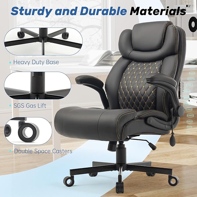 550LBS Big and Tall Office Chair, Comfy Heavy Duty Executive Chair with Adjustable Lumbar Support Double Spaces Casters, PU Leather Extra Wide Seat Ergonomic Computer Desk Chair for Back Pain, Black