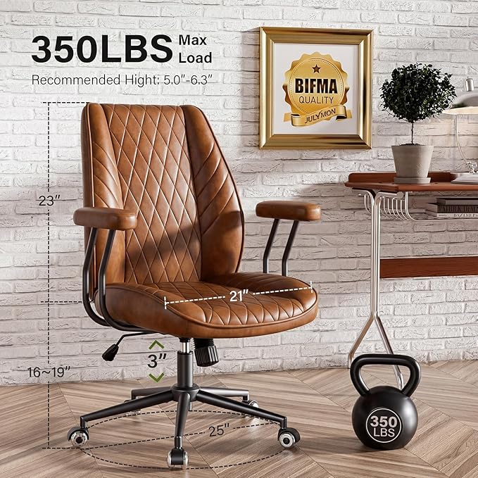 Brown Leather Office Desk Chair with Quiet Rubber Wheels, Height Adjustable, Padded Arms, Vintage Mid Century Office Chair, Retro Style Desk Chair
