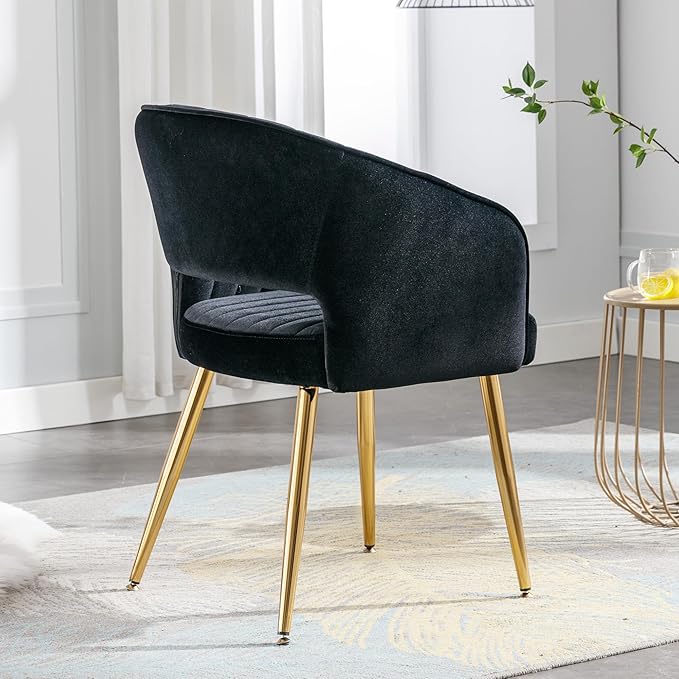 Home Office Chair Velvet Desk Chair Accent Armchair Upholstered Modern Tufted Chairs with Gold Legs for Girls Women Ergonomic Study Seat Computer Task Stools for Living Room(Black)