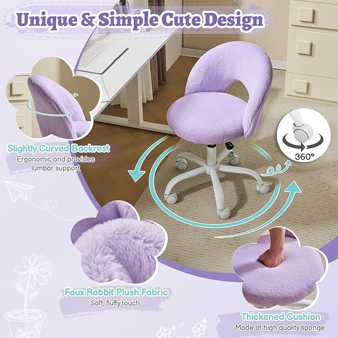 VINGLI Small Vanity Chair with Faux Fur Wheels for Girls,Cute Adjustable Height Armless Office Desk Chair,360°Swivel Comfy Rolling for Study,Make up Room,Small Space,Purple