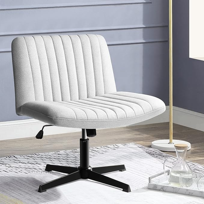PUKAMI Criss Cross Chair,Comfy Cross Legged Office Desk Chair No Wheels,Modern Fabric Swivel Adjustable Height Mid Back Wide Seat for Home Office Computer (Grey)