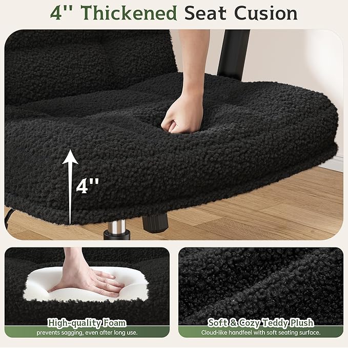 Criss Cross Chair with Wheels, Cross Legged Office Chair with Flip-up Armrests, Wide Desk Chair for Bedroom, Home Office, Apartment, Plush Fabric, Black