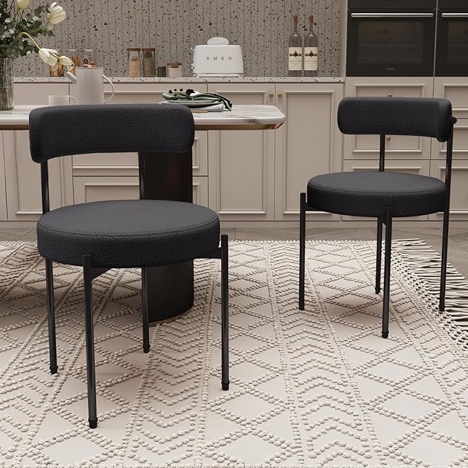 Boucle Dining Chairs Set of 2 Teddy Upholstered Dining Room Chairs Kitchen Chairs with Metal Legs Mid Century Modern Chair for Dining Room, Kitchen (Black Frame+Black, 2)