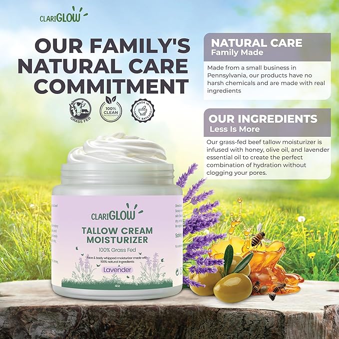 Whipped Beef Tallow Skin Moisturizer - 100% Grass Fed Beef Tallow Face Cream - Natural Lotion Balm Body Moisturizer with Honey & Lavender - 4 oz