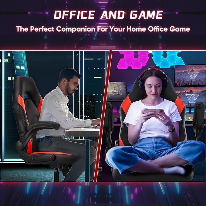 NEWBULIG Computer Gaming Desk Chair - Big Tall Ergonomic Lumbar Support with Flip-up Armrest and 360° Swivel Wheels, PU Leather Height Adjustable, for Home and Office, Red