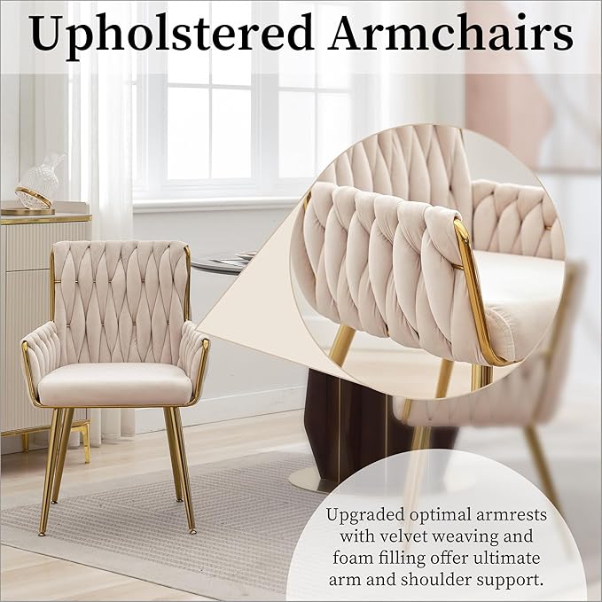 Westice Home Office Desk Chair 1PC, Upholstered Hand Weaving Desk Chairs with Golden Metal Legs & Armrest, Modern Accent Chairs for Dining Room, Living Room, Kitchen, Vanity, Beige