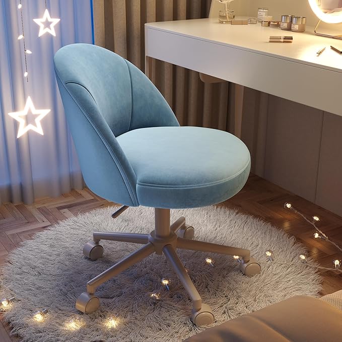 EnHomee Vanity Chair with Wheels, Cute Desk Chair with Back,Comfortable Office Chair with Adjustable Rolling Swivel for Makeup Room Bedroom, Home Office, Armless,Fog Blue