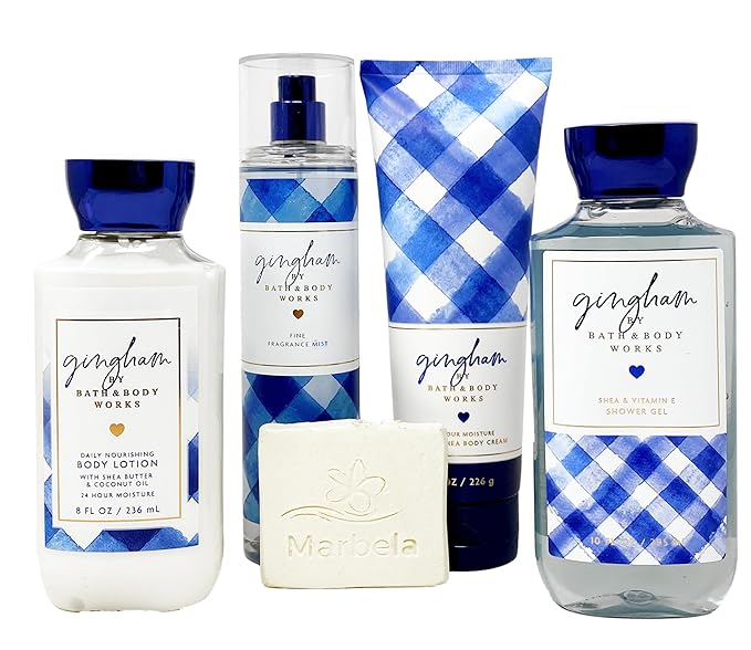 Bath & Body Works Gingham - Deluxe Gift Set - Fine Fragrance mist, Body Cream, Shower Gel and Body Lotion With a Natural Oats Sample Soap.