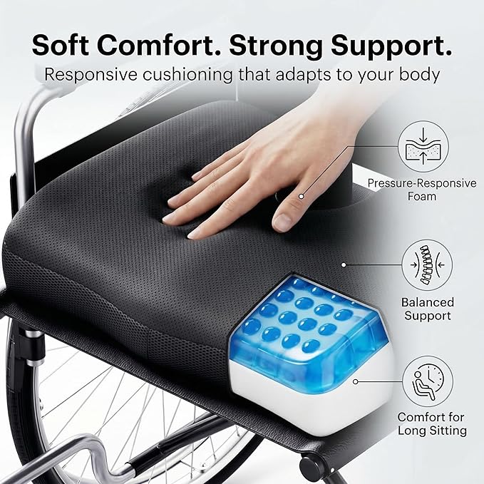 Extra Wide Cooling Gel Seat Cushion for Wheelchair & Office Chair, Waterproof Silk Cushion for Hip & Lumbar Support, Pressure Relief for Long Sitting, Sciatica & Tailbone Pain