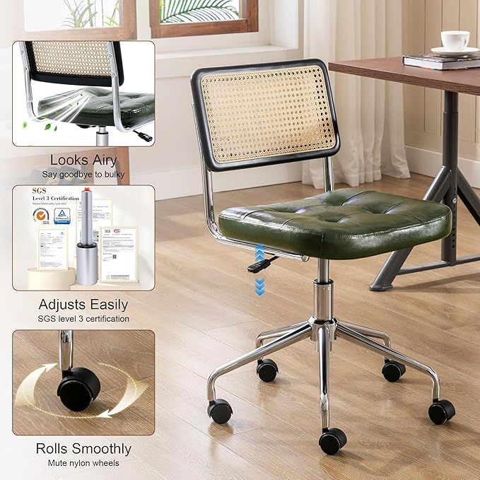 Zesthouse Mid Century Home Office Chair, Armless Desk Chair with Rattan Back, Adjustable Height Task Chair Vanity Chair for Girls Women, Upholstered Swivel Chair, Green Faux Leather