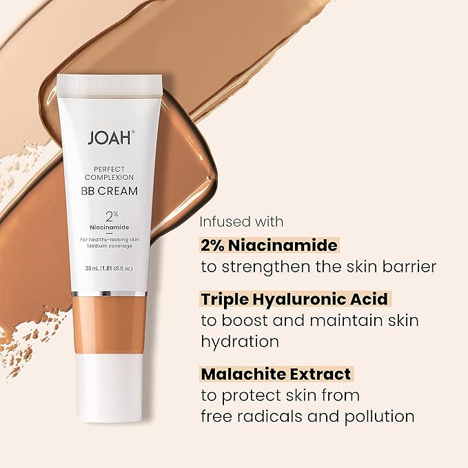 JOAH Beauty Perfect Complexion BB Cream with Hyaluronic Acid and Niaciminade, Korean Makeup with Medium Buildable Coverage, Evens Skin Tone, Lightweight, Semi Matte Finish, Tan with Warm Undertones