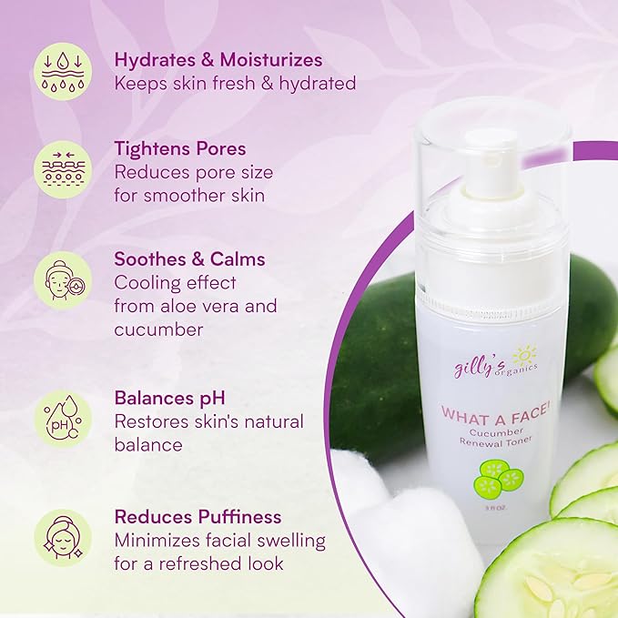 Made in USA Cucumber & Witch Hazel Toner Spray for Face – Gilly’s Organics Natural Astringent with Aloe & Tea Tree – Pore Minimizer, Acne Mist, Hydrating Primer & Moisturizer, 3 fl oz