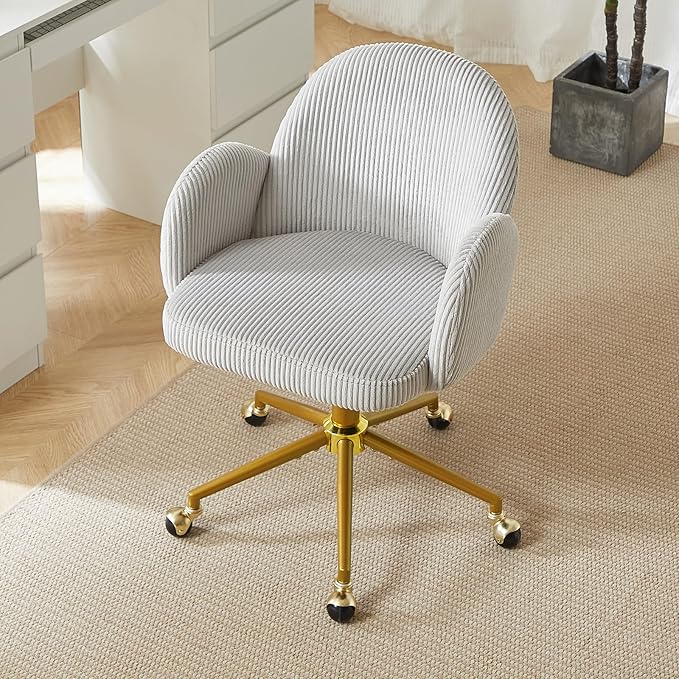 Home Office Chair with Petal Backrest, Corduroy Upholstered Desk Chair with Adjustable Swivel Wheels, Ergonomic Chairs for Living Room, Bedroom, Office, Study, Flower Cute Girls Vanity Chair (Grey)