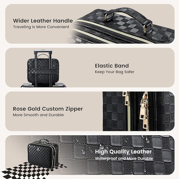 Makeup Bag with LED Lighted Mirror 12.2 IN Cosmetic Train Case Double Layer Makeup Case Adjustable Brightness in 3 Colors Cosmetic Organizer Artist Storage with Brush Holder Vanity Black Checkerboard