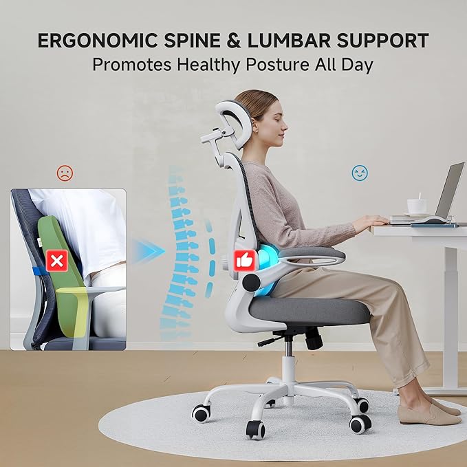 Ergonomic Office Chair, 330LBS Desk Chair with 3-Level Lumbar Support & Headrest, Breathable Mesh Backrest, Flip-Up Armrests for Home Office and Gaming, White and Gray