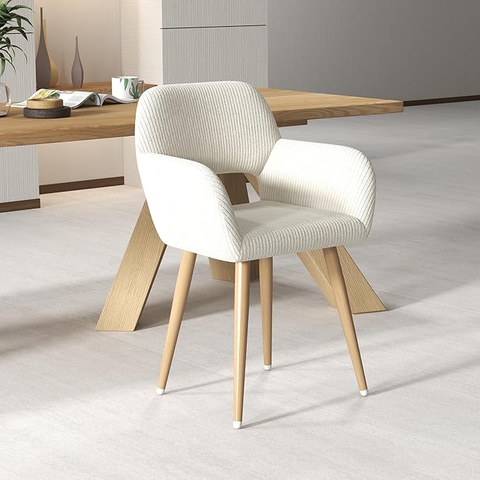 Home Office Desk Chair Set of 2, Corduroy Fabric Vanity Chair for Makeup with Hollow Backrest, Comfy Armchair Wood Frame with Strudy Metal Legs, Beige