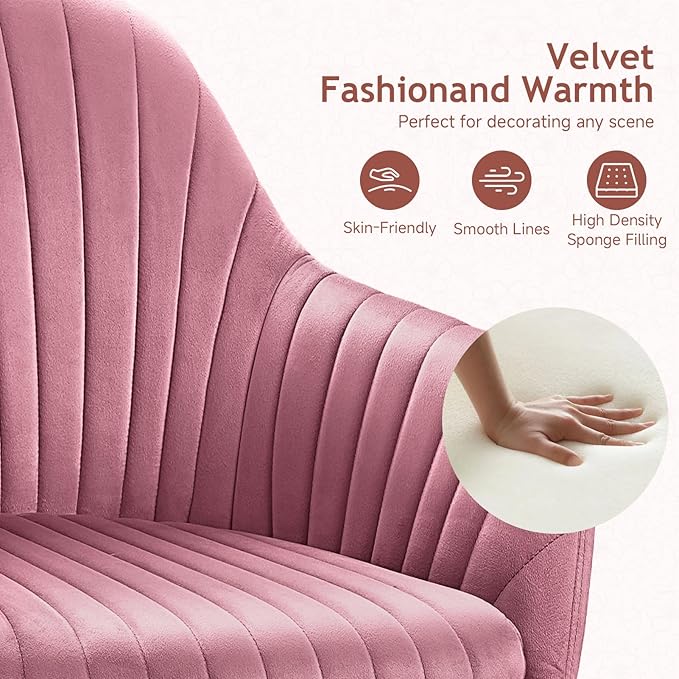 Warmiehomy Velvet Desk Chair for Home Office, Modern Adjustable Swivel Task Chair, Women Vanity Chairs with Arm Rest for Bedroom Dressing Room, Rose Pink