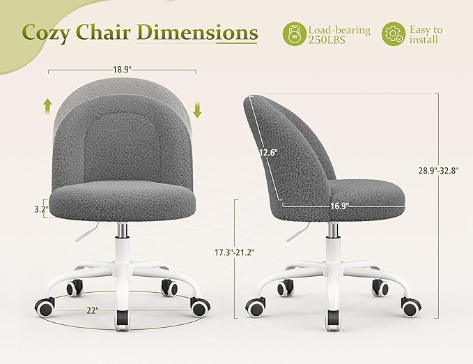 Vanity Chair with Back, Cute Desk Chair with Wheels, Armless Office Chair Height Adjustable, Soft Lumbar Support for Small Space, Bedroom, Grey