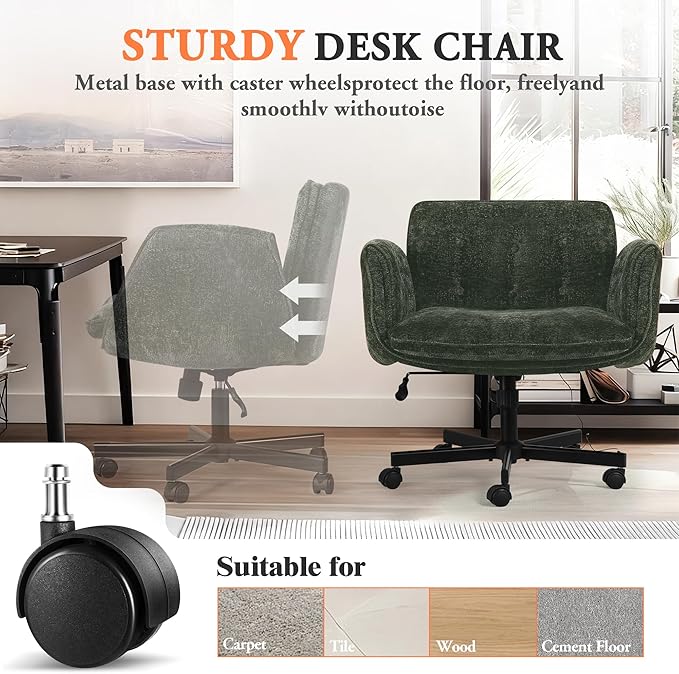 Criss Cross Chair with Wheels & Arms, Chenille Cross Legged Office Chair with 5-level Folding Armrest, Comfortable Adjustable Swivel Vanity Chair for Home, Make Up, Bed Room, Office, Accent (Green)