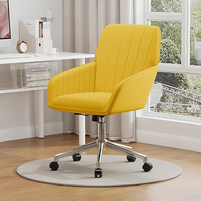 YISHENG Velvet Office Desk Chair with Silver Base, with Wheels,Modern Height Adjustable 360 Degree Swivel Upholstered Vanity Chairs with Arms for Living Room Bedroom,Yellow