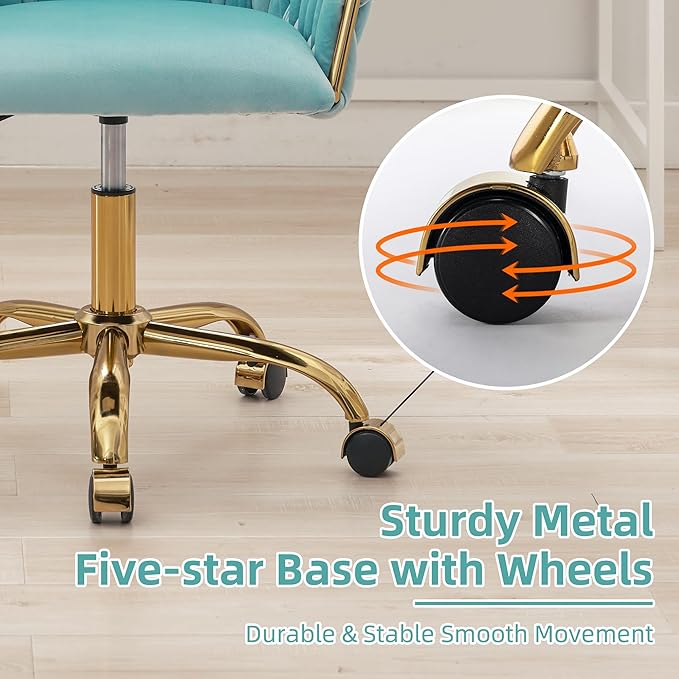 ABET Velvet Desk Chair with Wheels, Cute Upholstered Swivel Office Chair, Modern Gold Rolling Hand Woven Height Adjustable Armchair for Women Girls Home Makeup, Vanity, Nail Salon, Light Blue