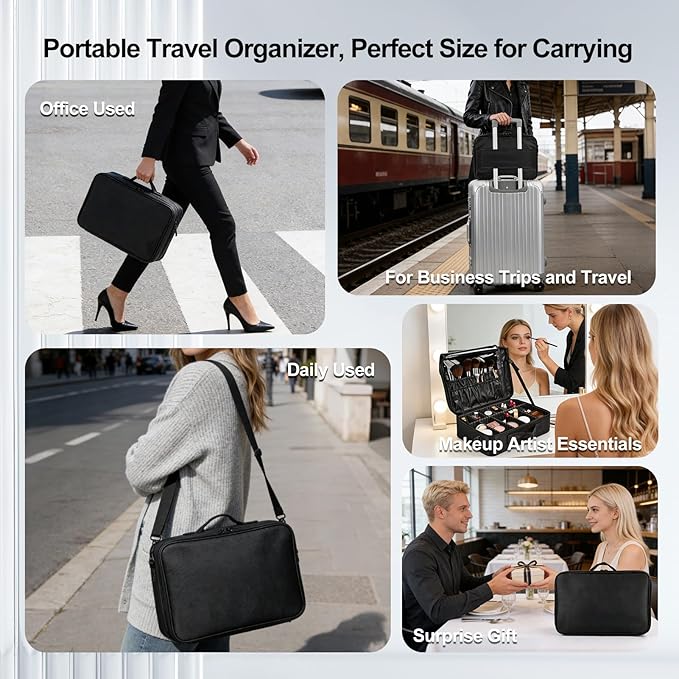 Professional Makeup Train Case with Brush Holder, Large Makeup Travel Bag Organizer, Portable Cosmetic Carry Case 3 Layer Makeup Artist Storage Box with Adjustable Dividers and Shoulder Strap, Black