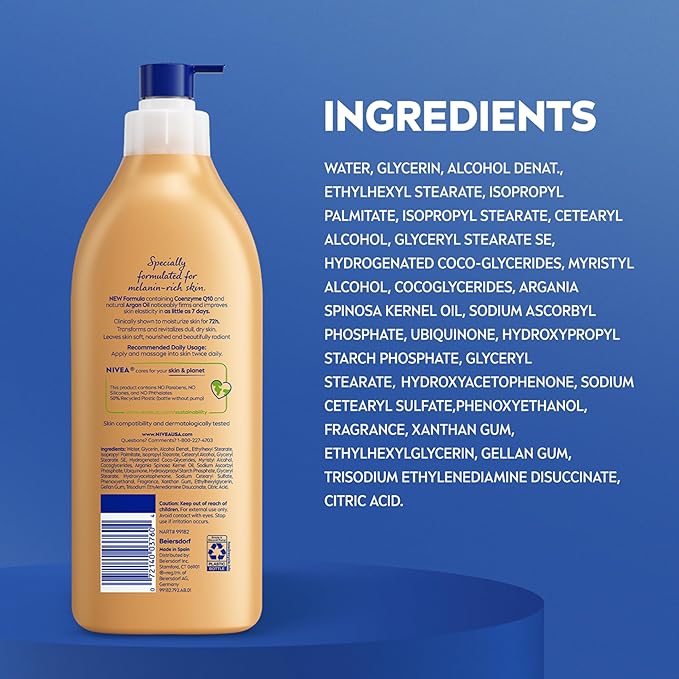 NIVEA Skin Firming Melanin Beauty & Hydration Body Lotion with Q10 and Argan Oil,Firmer Skin in as Little As Seven Days,16.9 Fl Oz Pump Bottle,(Pack of 2)