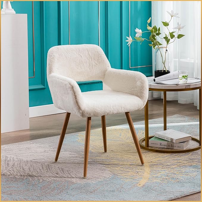 Furry Desk Chair Set of 4, Modern Home Office Chair Without Wheels, Faux Fur Vanity Chair with Hollow Backrest, Comfy Armchair Wood Frame with Strudy Metal Legs, White