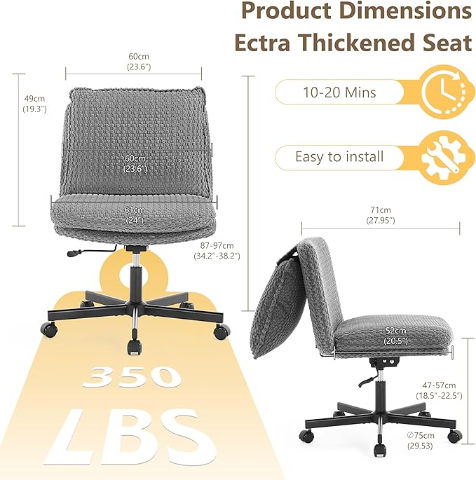 Fizzin Criss Cross Chair,Armless Cross Legged Chair with Wheels,Memory Foam Seat Office Desk Chair with Flipable Back Cushion,Mid Back Swivel Chair for Home Office,Bedroom Vanity (Grey)