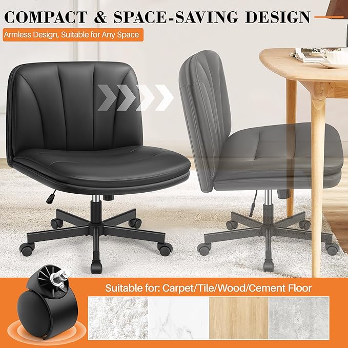 FelixKing Criss Cross Chair with Wheels, Cross Legged Office Chair, Armless Wide Vanity Desk Chair with Comfty PU Leather & Back - Swivel Height Ajustable for Home Office Bedroom, Black