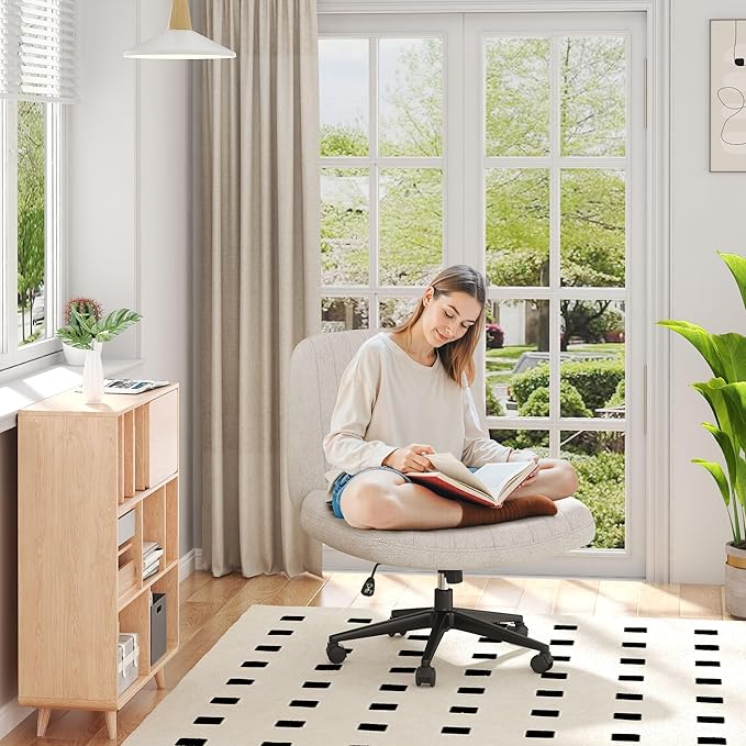Shintenchi Criss Cross Chair,Cross Legged Office Seat with Wheels Armless Swivel Vanity Chair,Height Adjustable Wide Computer Task Seating for Home Office,Beige