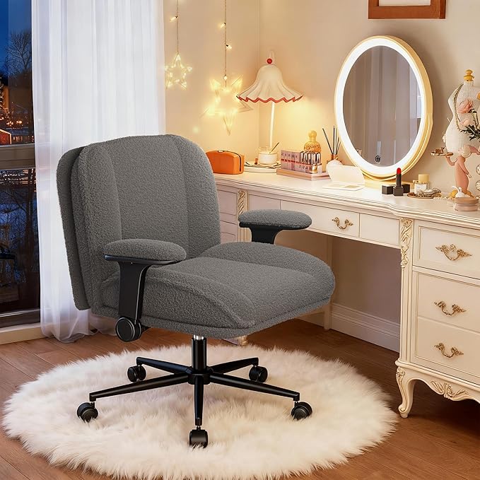 Cross Legged Office Chair with Flip-Up Arms,Oversized Criss Cross Chair with Wheels,Wide & Extra-Deep Seat Thickened for Home Office,Vanity, Bedroom,Apartment Dorms,Plush Cushion,Comfy,Grey