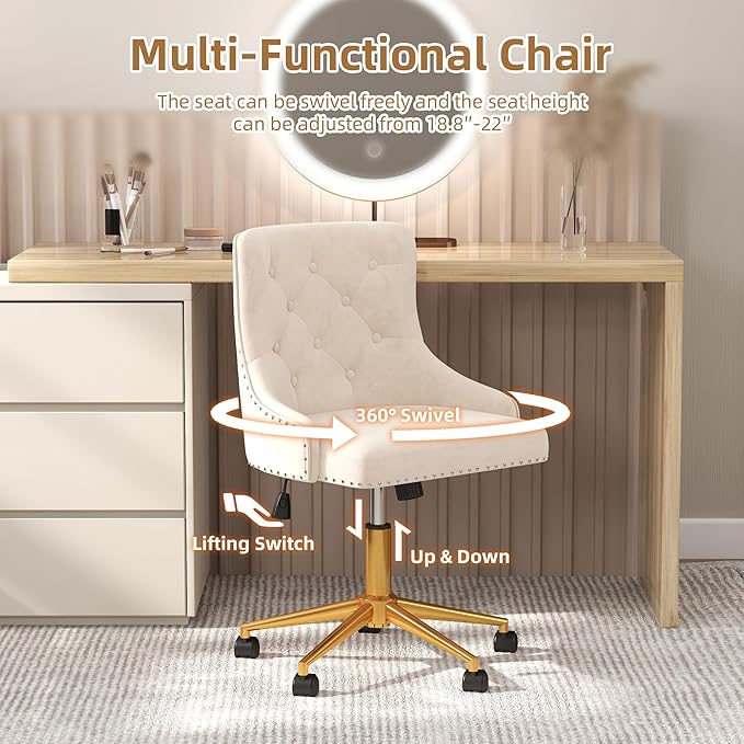 Westice Velvet Desk Chairs, Upholstered Swivel Comfy Makeup Vanity Chair with Tufted Back, Gold Metal Base & Wheels, Height Adjustable Chair for Girls, Bedroom Living Room, Beige