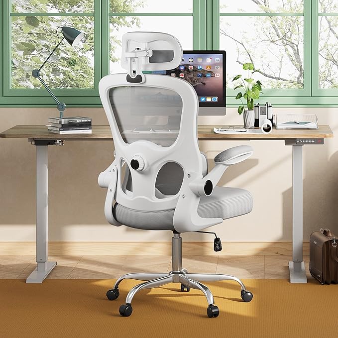 DEVAISE Ergonomic Mesh Desk Chair, Separated-Adjustable Lumbar Support，Large Cushion, Flip-up Armrests, 90-125° Rocking Tilt, for Home Office Computer Gaming, White&Grey