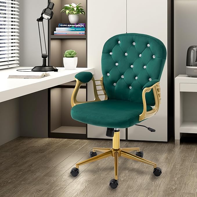 Velvet Office Chair Desk Chair with Gold Base, Comfortable Makeup Vanity Chair with Back and Wheels, Swivel Rolling Chair for Girls Women Study Bedroom, Green