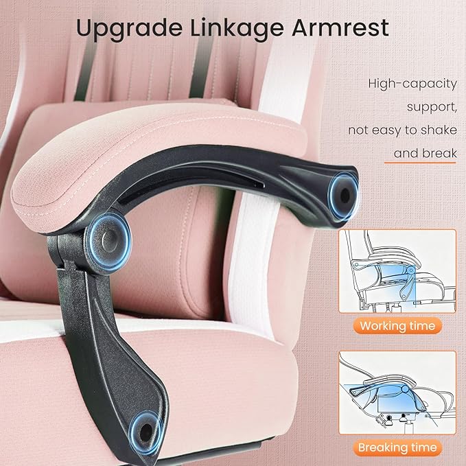 NEWBULIG Gaming Desk Chair - High Back Computer Office Chair with Footrest and Headrest, Comfy Ergonomic Lumbar Support with Linkage Armrests, Height Adjustable and 360° Swivel Wheels, Pink