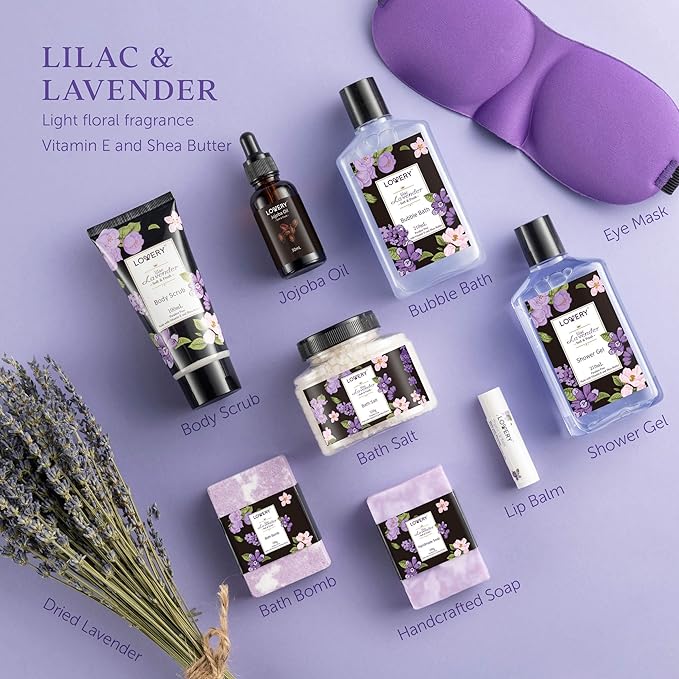 Gift Baskets for Women, Valentines Day Gifts for Her, Spa Gifts for Women – Lavender & Lilac Bath Set Soap, Bath Bomb, Jojoba Oil, Lip Balm Bath and Body Gifts for Mom