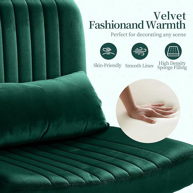 Warmiehomy Velvet Criss Cross Office Chair with Wheels, Luxury Cross Legged Desk Chair for Bedroom, Armless Wide Seat Computer Chair, Modern Vanity Chair, Gift for Teens & Girlfriend, Dark Green