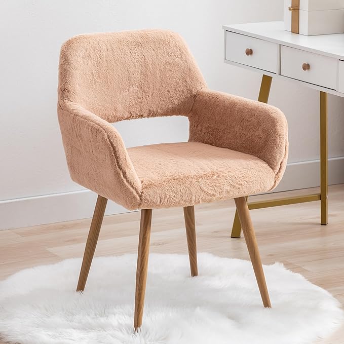 Home Office Faux Fur Desk Chair, Fluffy Makeup Vanity Chair, Comfy Accent Armchair with Wood Grain Metal Legs, Cute Dining Chair with Hollowed Back, Camel