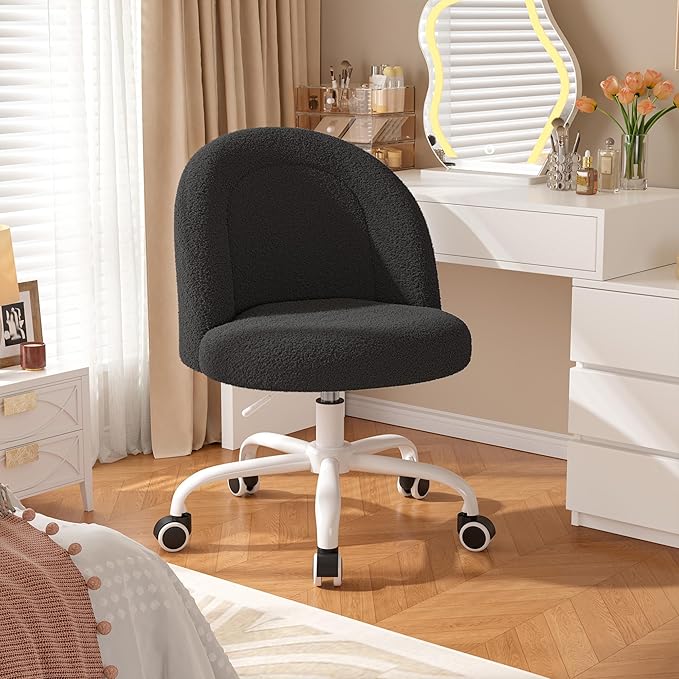Vanity Chair with Back, Cute Desk Chair with Wheels, Armless Office Chair Height Adjustable, Soft Lumbar Support for Small Space, Bedroom, Black