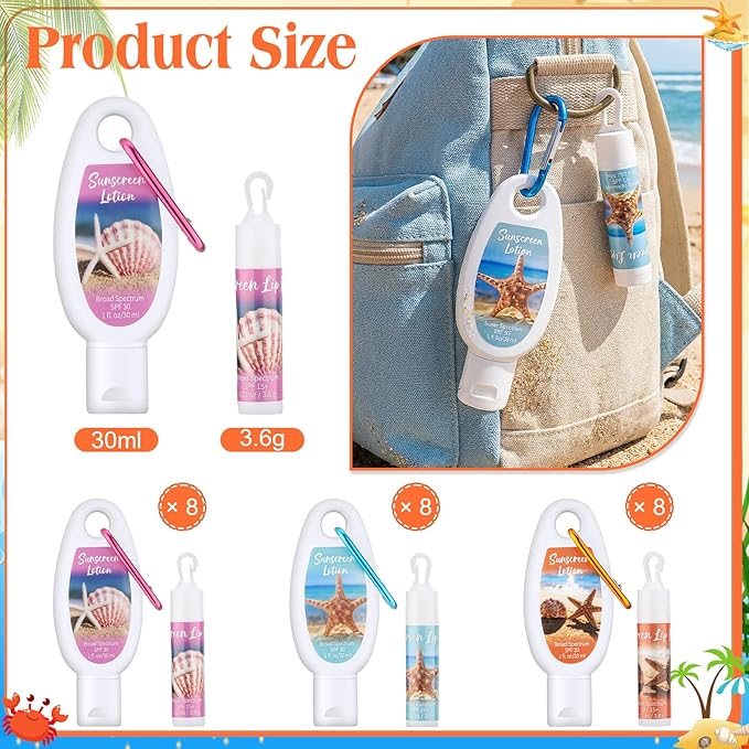 Demissle 24 Sets Mini Sunscreen and Sunscreen Lip Balms Bulk Spf 30 Travel Size with Carabiner Clip-on Lip Balms Packets for Summer Wedding Bridal Baby Shower Party Favors Gifts(Beach)