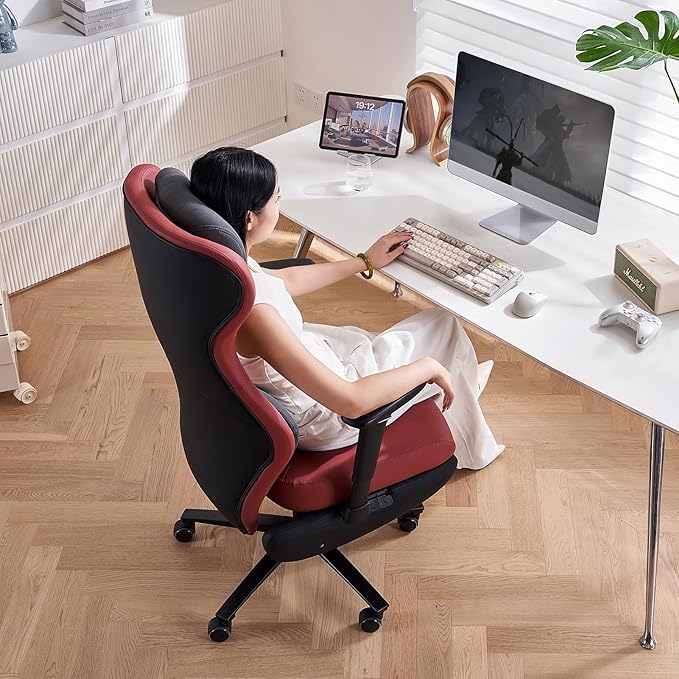 EMIAH Ergonomic Office Chair with Foot Rest Reclining Office Chair with Adjustable Arms and Headrest High Back Gaming Chair with Lumbar Support, PU Leather(Red)