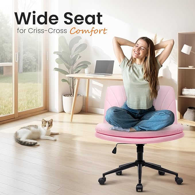 NEO Chair Criss Cross Chair with Wheels Armless Vanity Desk Office Wide Comfy Chair Cross Legged Adjustable Swivel Rolling Computer for Home Office PU Leather (Pink-Leather)