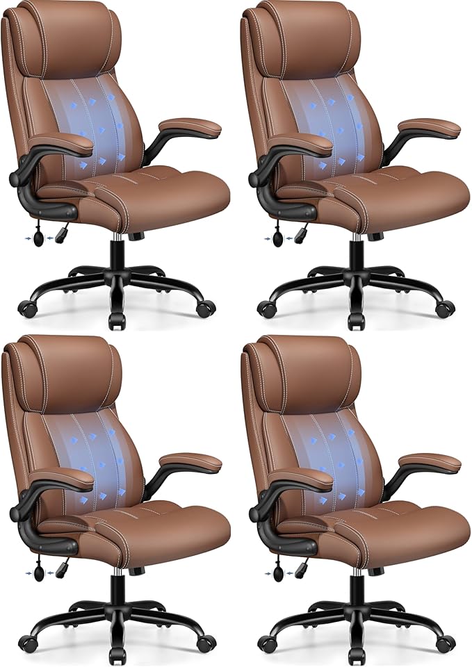 Ergonomic Office Chair - Home Desk Computer Chair, Leather High Back Executive Chairs with Adjustable Lumbar Support & Flip-up Arms, Rocking Swivel Comfy, Brown 4 Pack