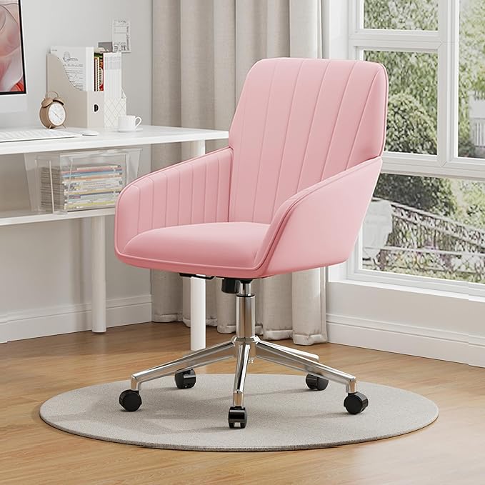 YISHENG Velvet Office Desk Chair with Silver Base, with Wheels,Modern Height Adjustable 360 Degree Swivel Upholstered Vanity Chairs with Arms for Living Room Bedroom,Pink