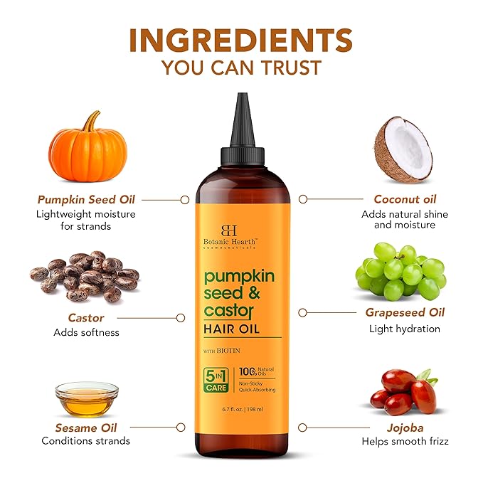 Botanic Hearth 100% Pure Pumpkin Castor Oil For Hair Growth & Hair Treatment Oils 6.7 Fl oz | Infused with coconut Oil | Hair Oil Repairs Dry Damaged Hair, Strengthening, Healthier | All Hair Types