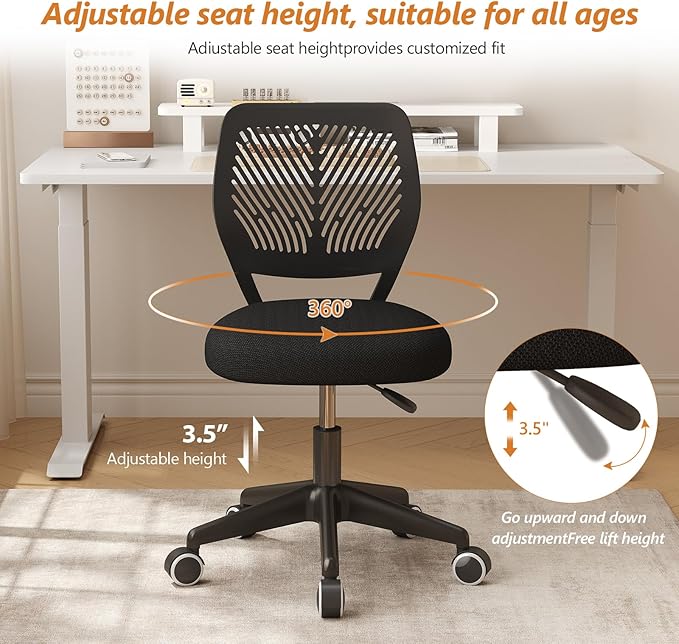 Armless Desk Chair Swivel Office Rolling Chair with Soft Padded Cushion, Height Adjustable Small Task Chair, Ergonomic Study Computer Chair for Kids Girls Boys Teens (Black, 4PCS)