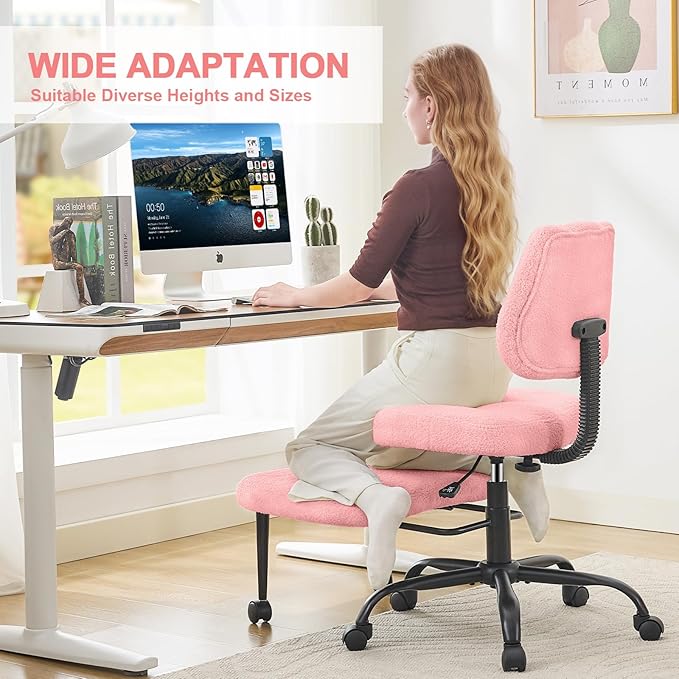 Criss Cross Legged Meditaion Chair,Exquisite Home Office Furniture,Ergonomic Kneeling with Lumbar Support and Adjustable Height Stool,for ADHD Adults,Teddy Fabric (Pink)
