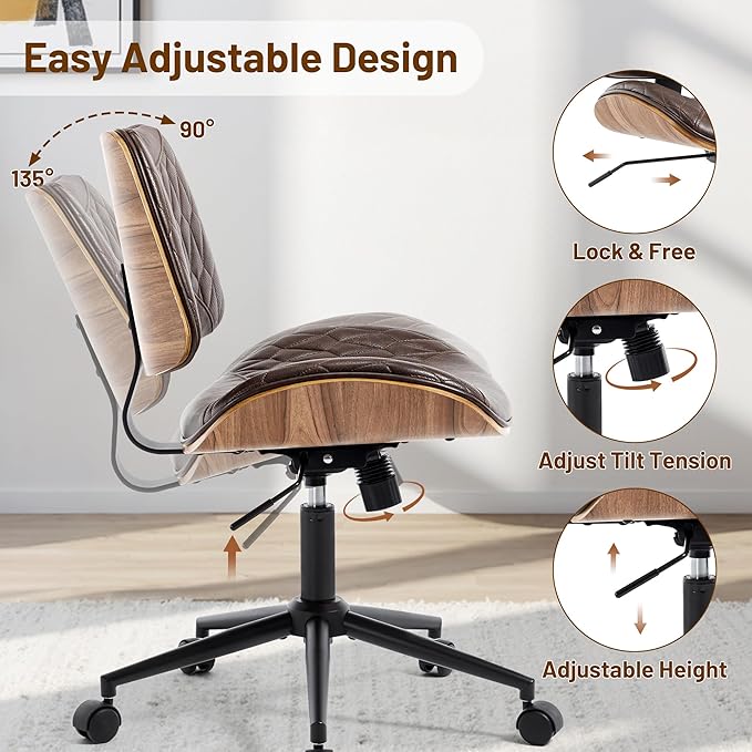 Walnut Bentwood Mid Back Armless Office Chair 2 Pack, Adjustable Height PU Leather Swivel Desk Chair with Wheels, Rolling Computer Task Chair for Home Office, Study, Meeting Room